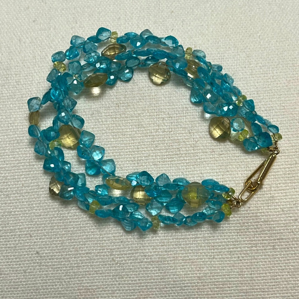 3 strand blue topaz & lemon citrine gemstone bracelet 14k gold clasp - Picture 3 of 13